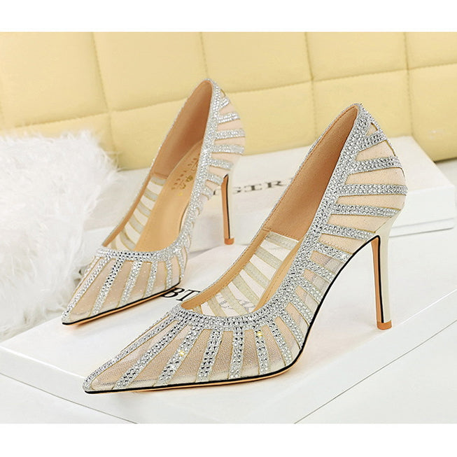 Langry fashion gold glitter pointed high heels with rhinestones