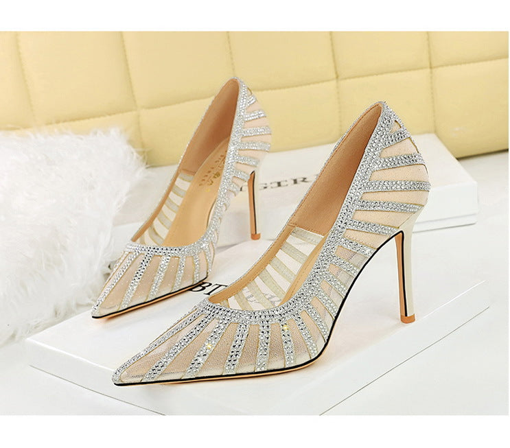 Langry fashion gold glitter pointed high heels with rhinestones