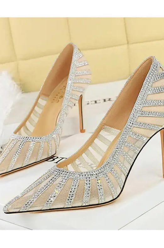 Langry fashion gold glitter pointed high heel pumps with rhinestone accents