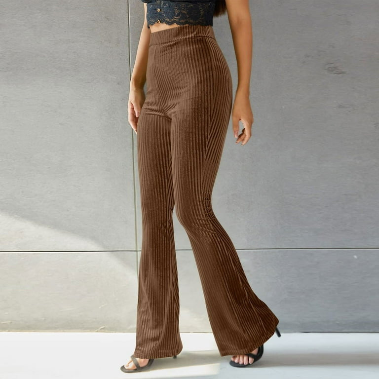 High waist pleuche sunken stripe pants in brown ribbed velvet with flared silhouette
