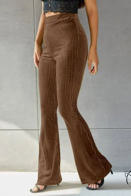 High waist pleuche sunken stripe brown ribbed velvet flared pants