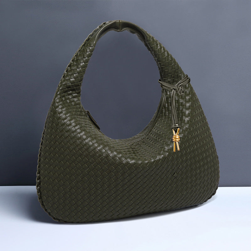 Olive green woven leather hobo bag for casual fashion and ملابس by Langry