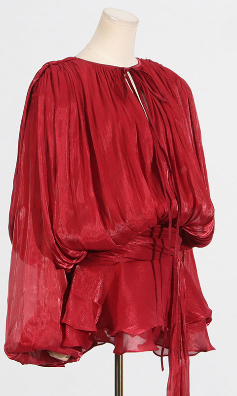 Red draped blouse featured in Gorgeous Design Short Mesh Dress for stylish fashion ملابس