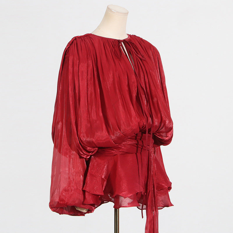 Red draped blouse featured in Gorgeous Design Short Mesh Dress for stylish fashion ملابس