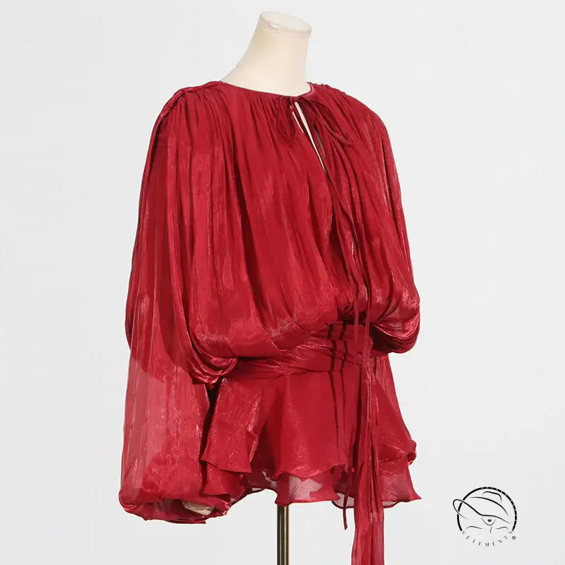 Red draped blouse in gorgeous short mesh dress design