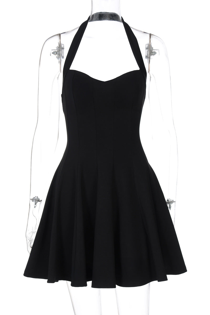 Elegant black halter langry fashion dress with flared skirt