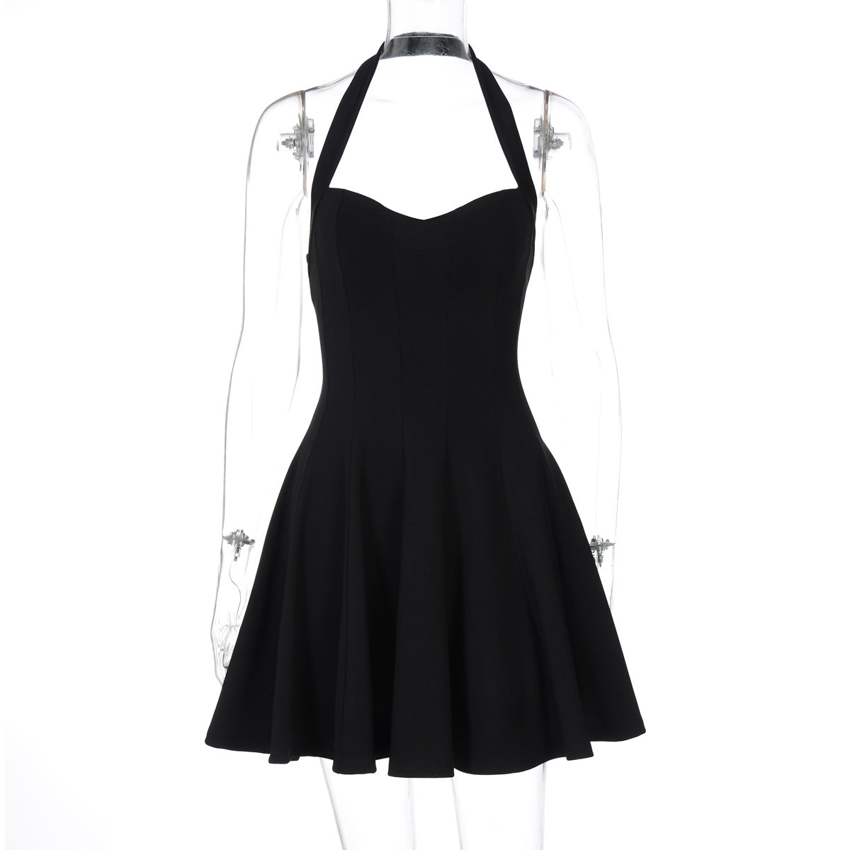 Elegant black halter langry fashion dress with flared skirt