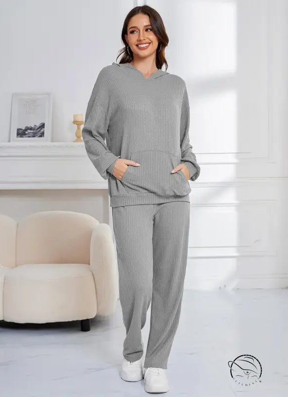 Gray ribbed knit hooded casual suit for women pajamas