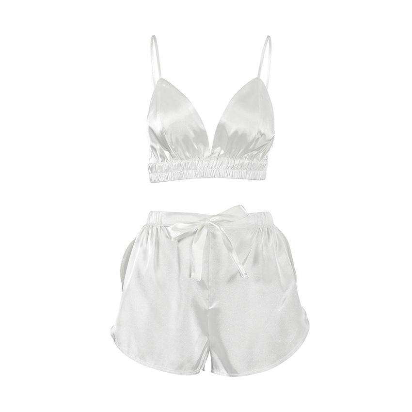 Two-piece white satin bralette and shorts pajama set with bow, part of Comfortable Silk Feather Nightgown collection