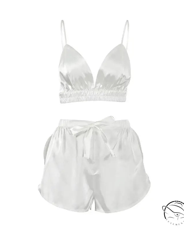 Comfortable silk feather two-piece white satin bralette and shorts set