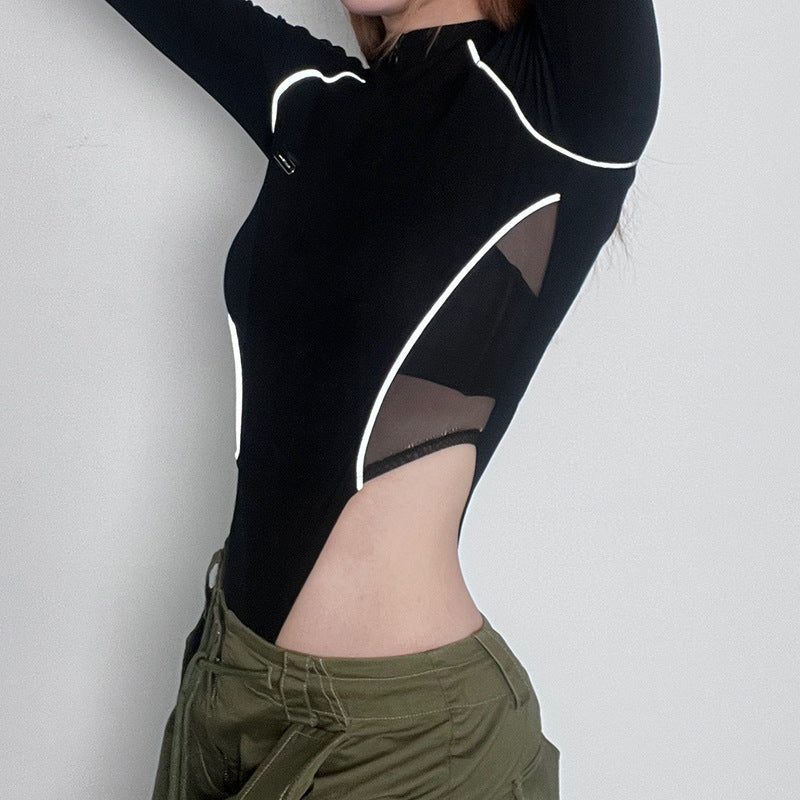 Mechanical Design Budding Strip Mesh Hollow out Cutout Stitching Waist Leakage Jumpsuit Long Sleeved Top