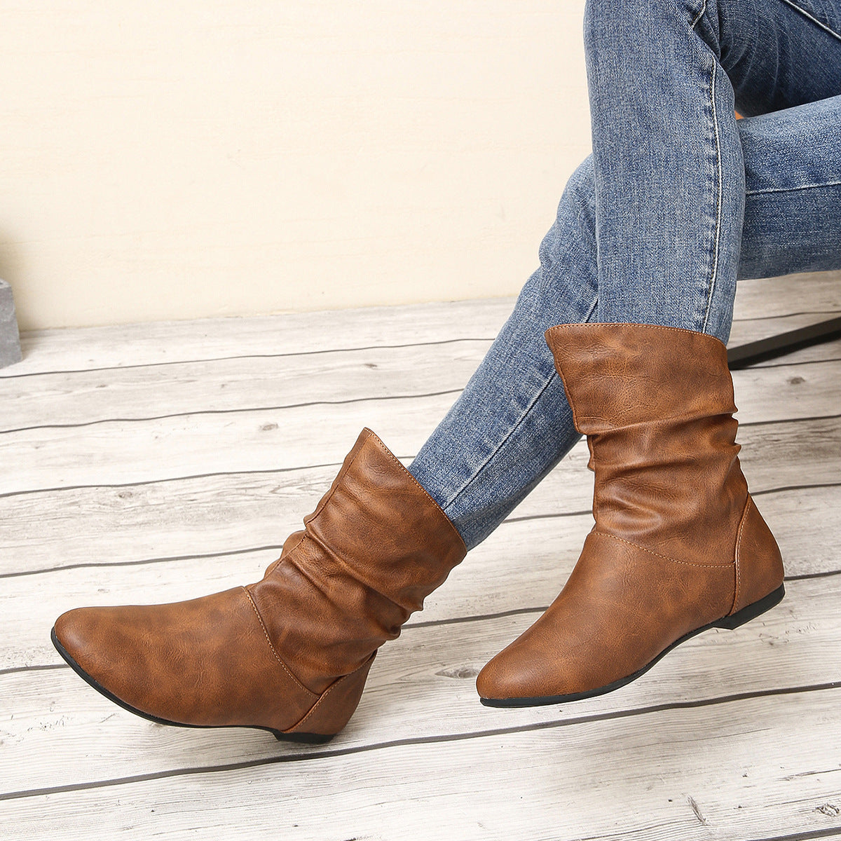 Brown slouch ankle boots in faux leather, perfect for trendy fashion ملابس styles