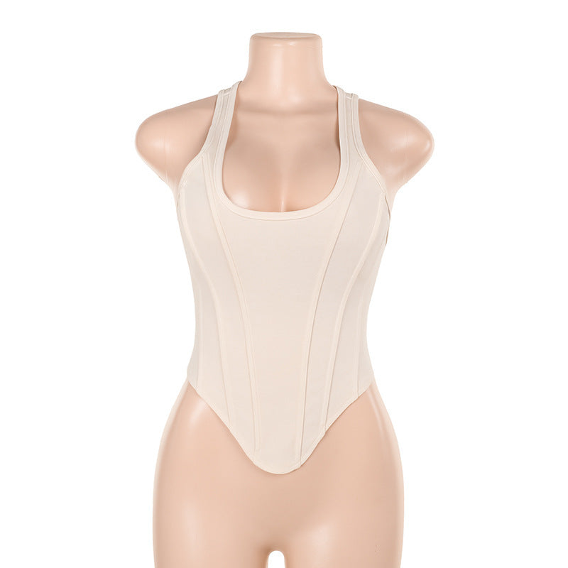Beige halter-neck bodysuit from Casual Wild Cute Vest showcasing trendy fashion الملابس