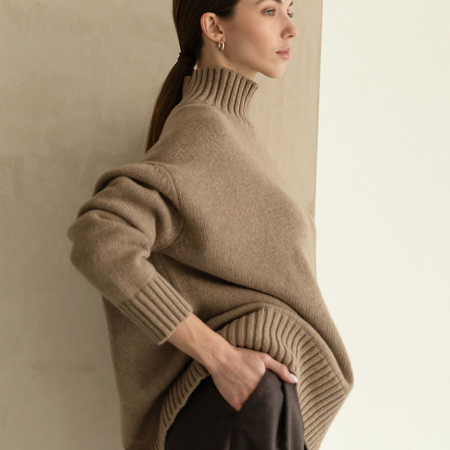 Langry fashion winter loose knitwear sweater in beige with ribbed detailing and balloon sleeves
