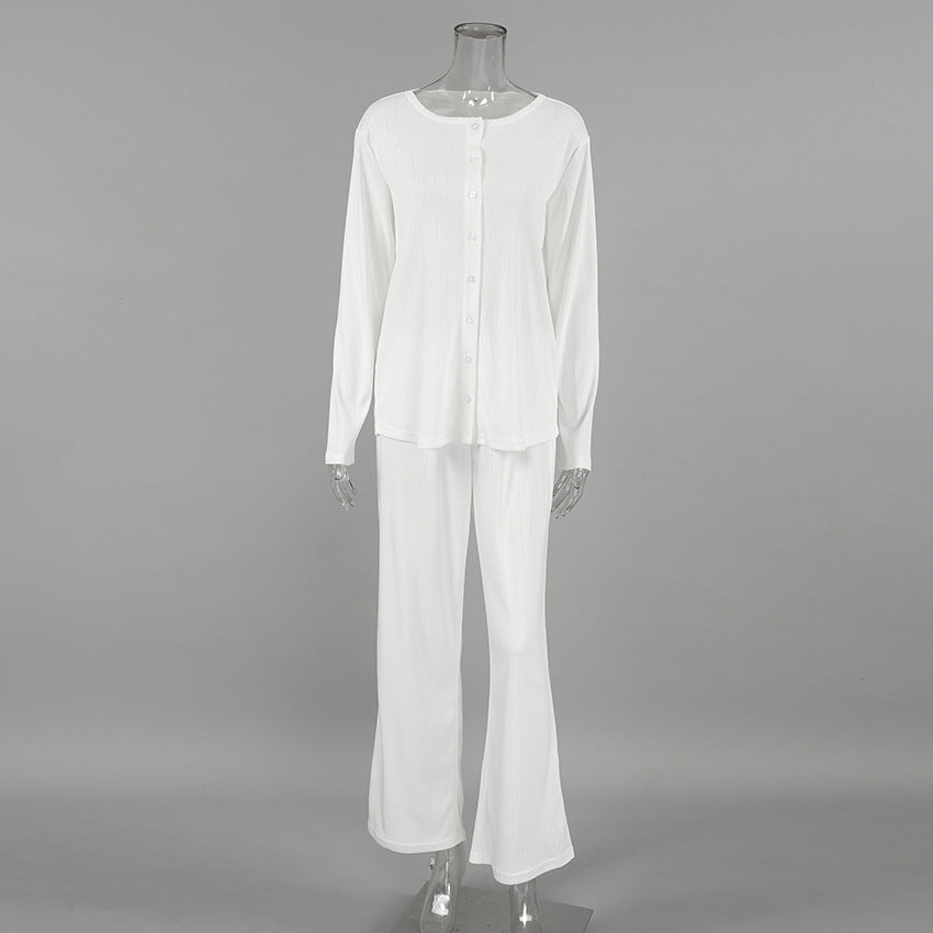 White long-sleeved button-up shirt and matching flared pants set in knitted jacquard pajamas
