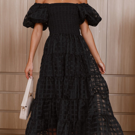 Off-the-shoulder black tiered dress from Enchanting Lantern Sleeve Dress collection, langry fashion