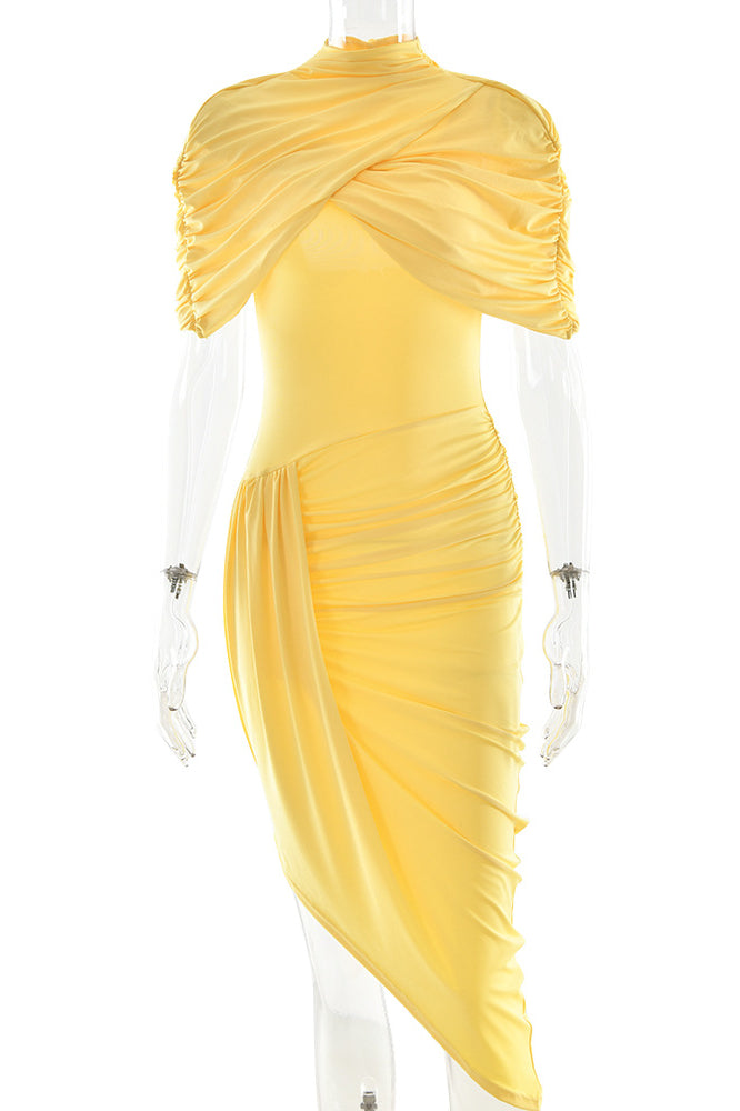 Elegant slim pleated yellow ruched dress with asymmetrical hem