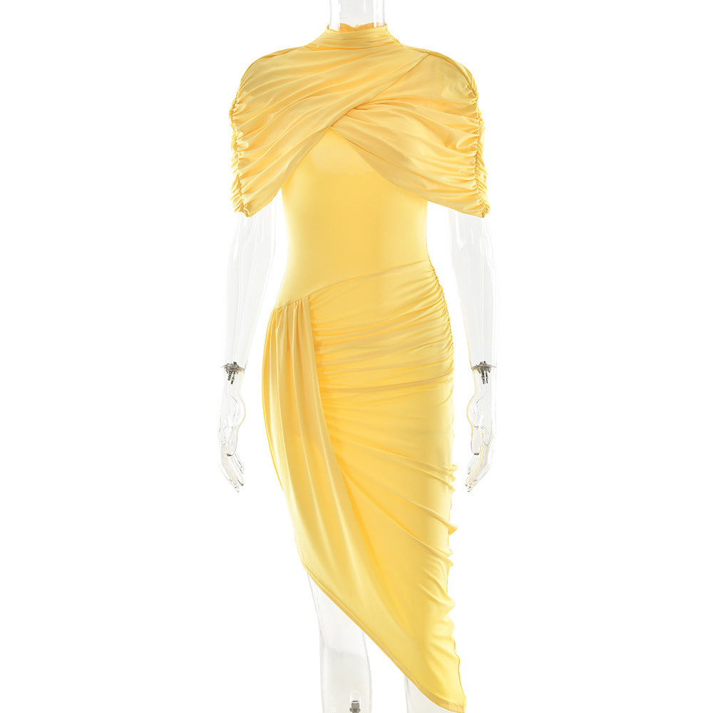 Elegant slim pleated yellow ruched dress with asymmetrical hem