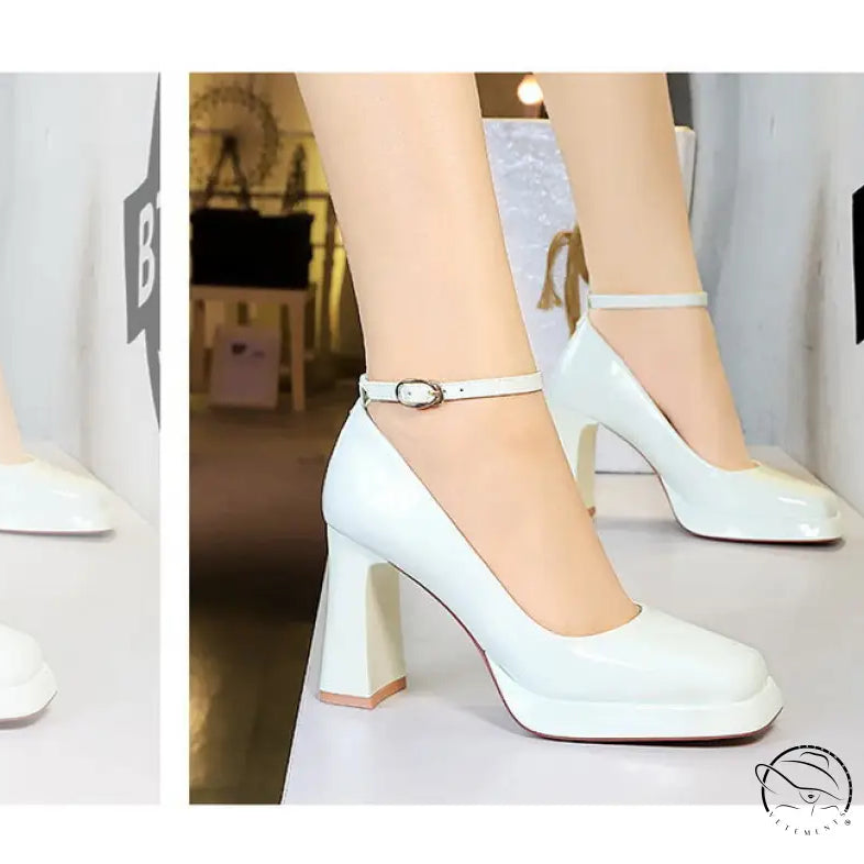 Leather Square Toe Ankle Strap High Heels