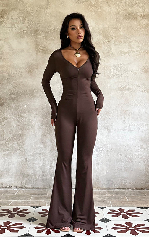 Sleek langry chocolate-brown long-sleeved fashion jumpsuit with V-neck and flared legs