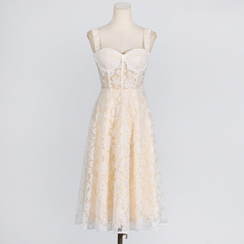 Cream-colored lace midi dress in Summer Sling Boning Corset Waist-Tight Embroidery Mesh Maxi Dress Women fashion
