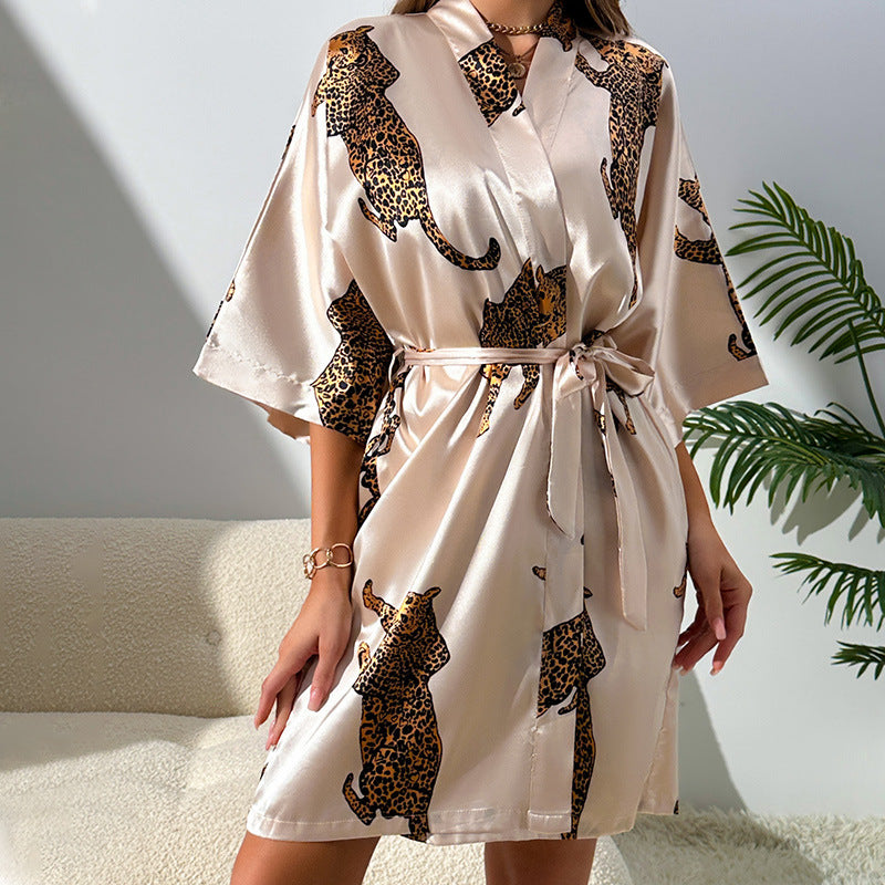 Silky leopard print wrap dress with kimono sleeves for stylish langry fashion