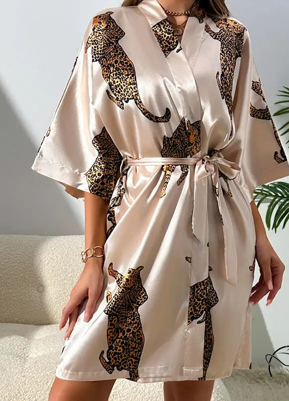 Casual cardigan nightgown with silky leopard print wrap and kimono sleeves