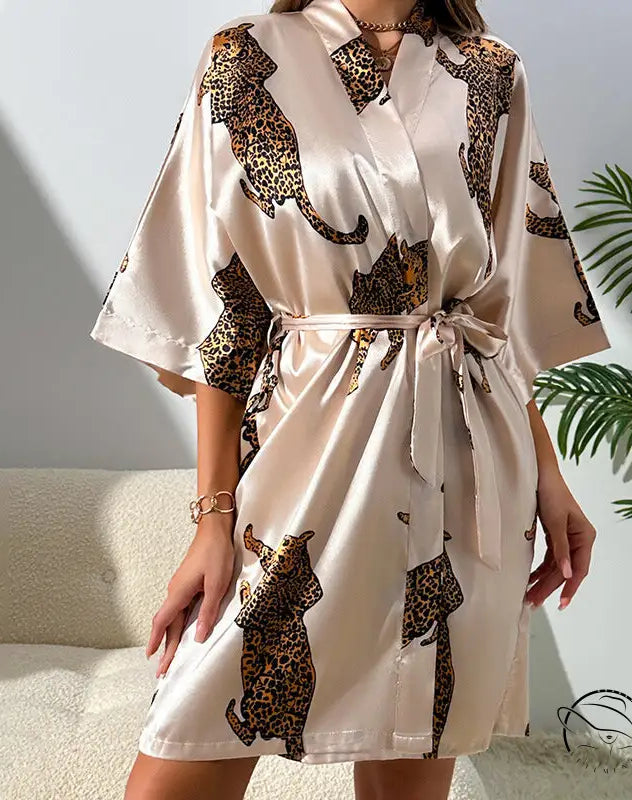 Casual cardigan nightgown with silky leopard print wrap and kimono sleeves