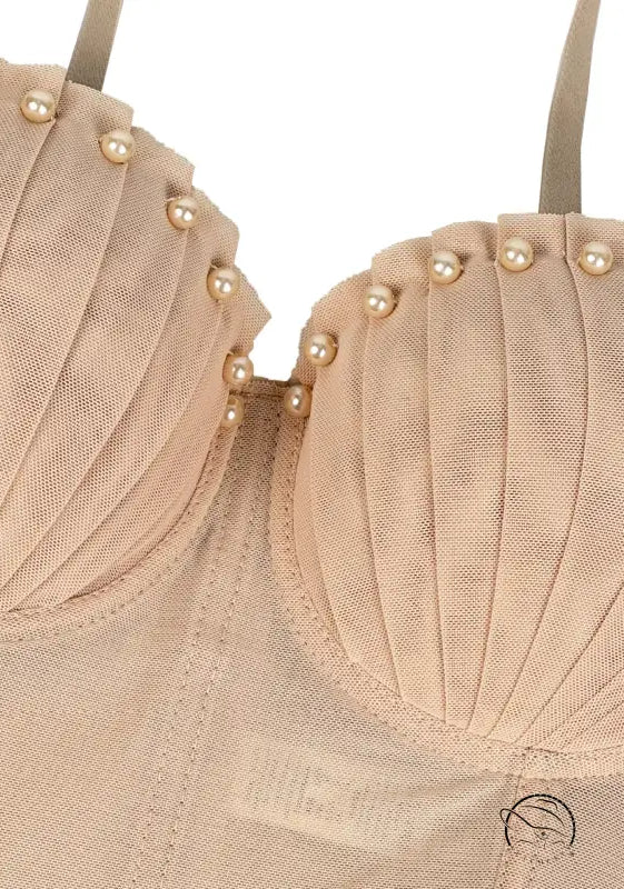 Beige mesh bra with pearl embellishments in Langry fashion corset