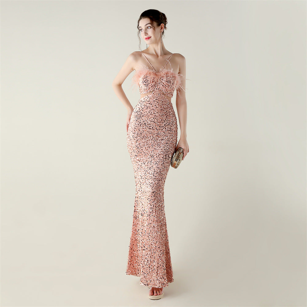 Rose gold sequined mermaid gown with floral pattern in Langry fashion