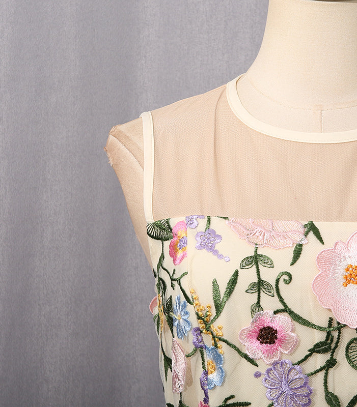 Langry fashion elegant fishtail hem mesh stitching dress with floral embroidery