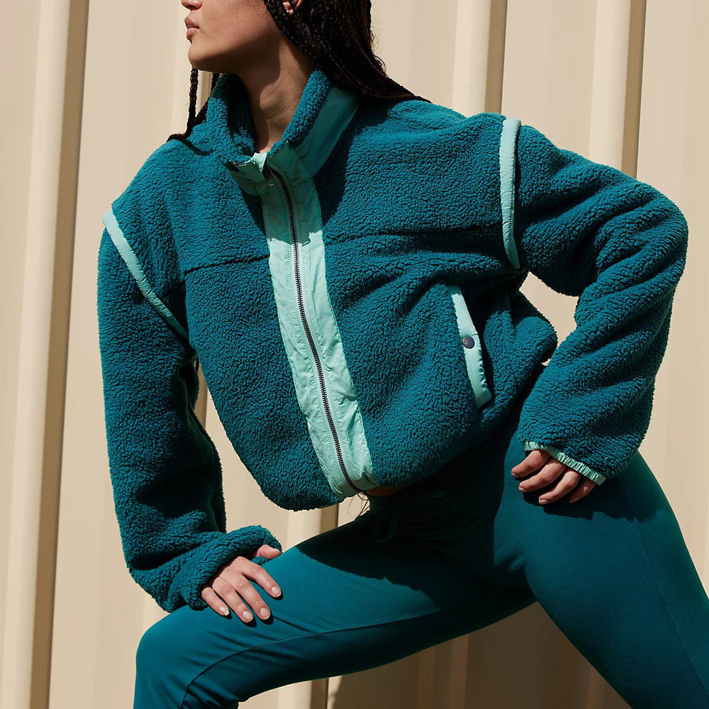 Teal fleece jacket with light green trim from the Outdoor Lambswool Cardigan Zipper Coat