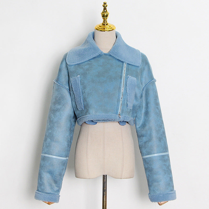 Light blue cropped jacket from Lamb Wool Coat Women Autumn collection for fashion enthusiasts