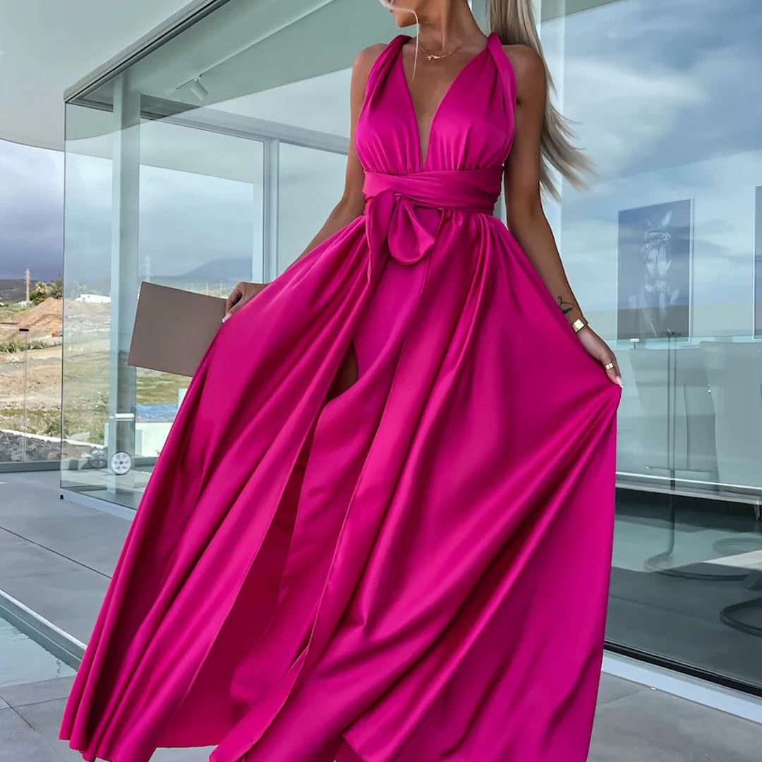 Elegant fuchsia maxi dress in Spring Summer Changeable Lace up Dress, perfect for casual fashion