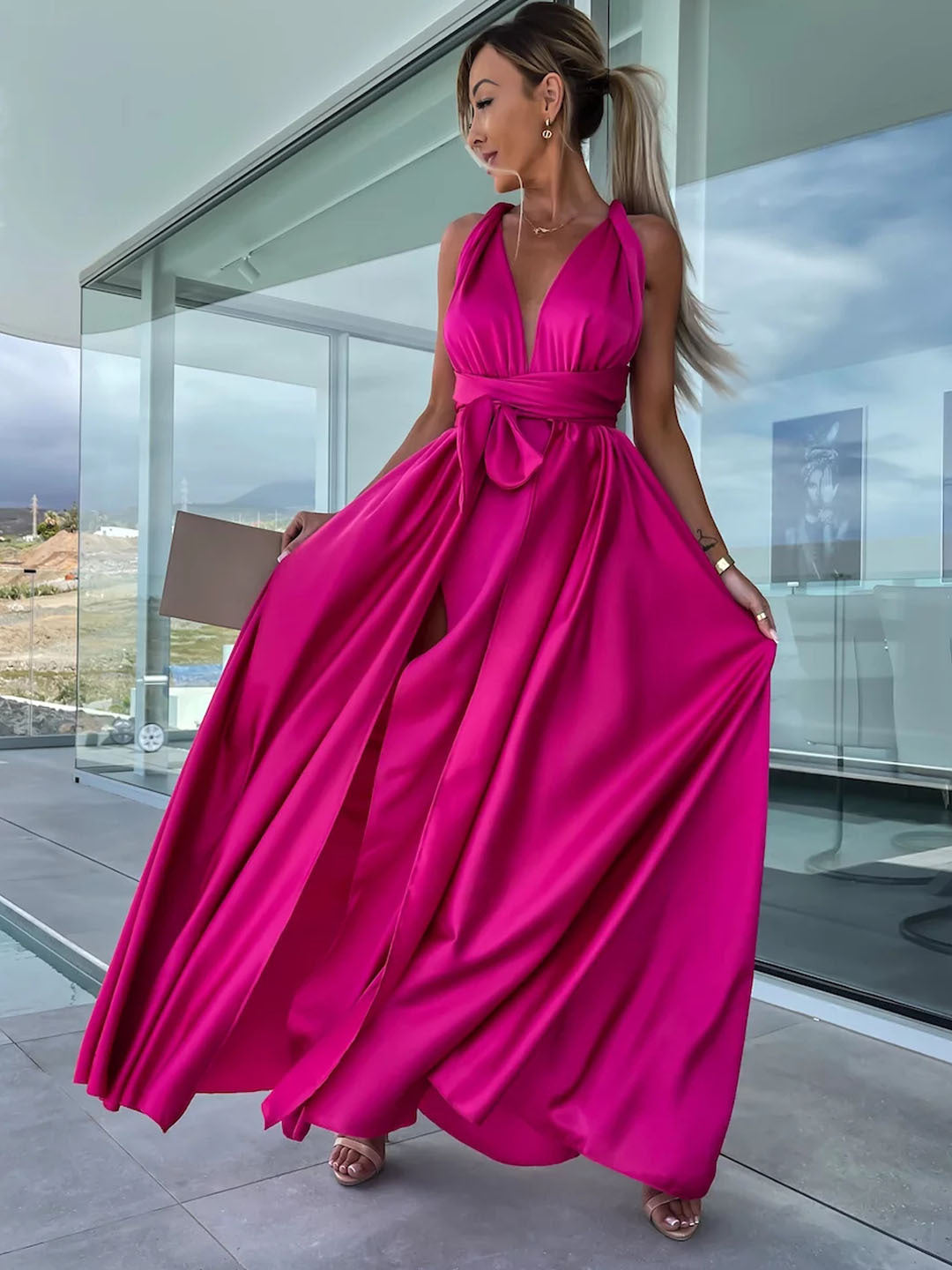 Elegant fuchsia maxi dress in Spring Summer Changeable Lace up Dress, perfect for casual fashion