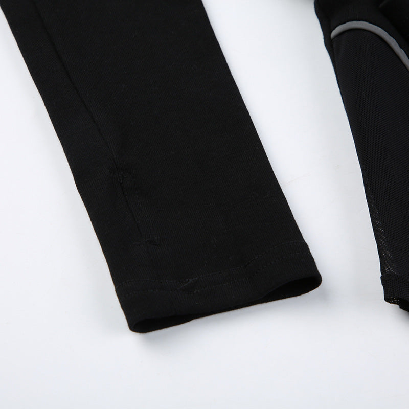 Mechanical Design Budding Strip Mesh Hollow out Cutout Stitching Waist Leakage Jumpsuit Long Sleeved Top