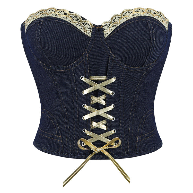 Langry denim black blue corset with steel ring cup, lace trim, gold accents