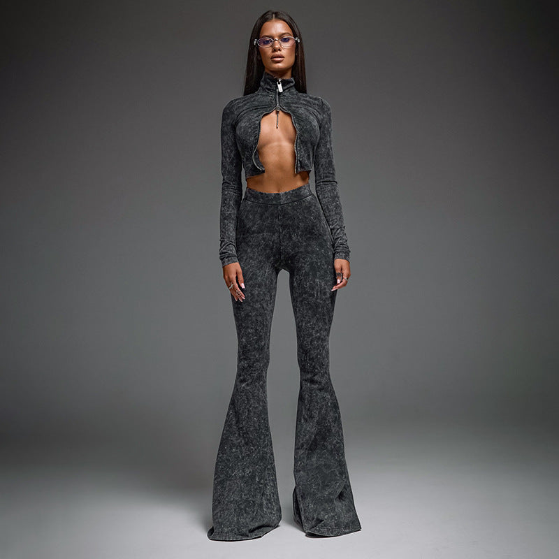 Fashionable dark grey acid-wash two-piece set with high-waist bell bottom pants