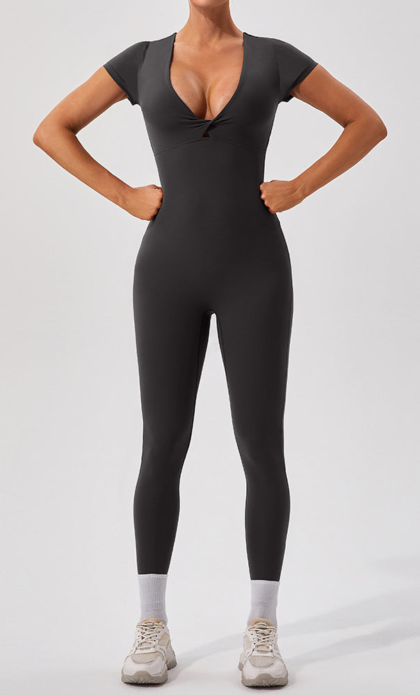 Sleek dark gray langry fashion yoga fitness one-piece bodysuit