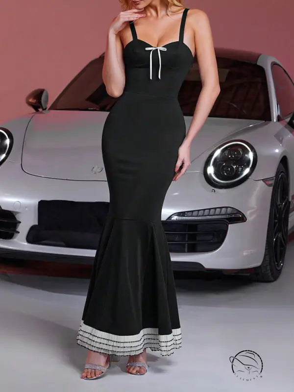 Elegant langry black mermaid sheath dress with white bow, fashion ملابس