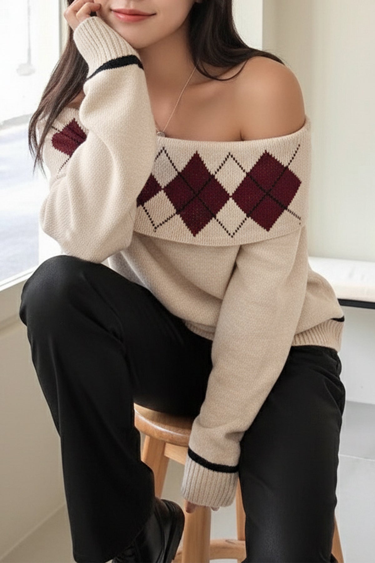 Elegant langry rhombus plaid off-shoulder fashion sweater in cream burgundy with black pants