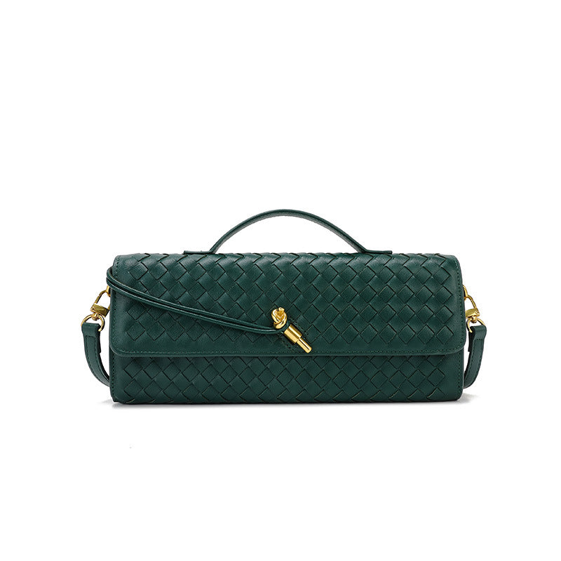 Green woven leather handbag with gold clasp from Langry, perfect for stylish ملابس
