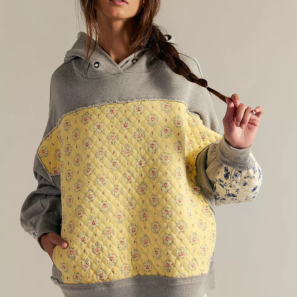 Anthropologie yellow gray oversized quilted hoodie with floral pattern