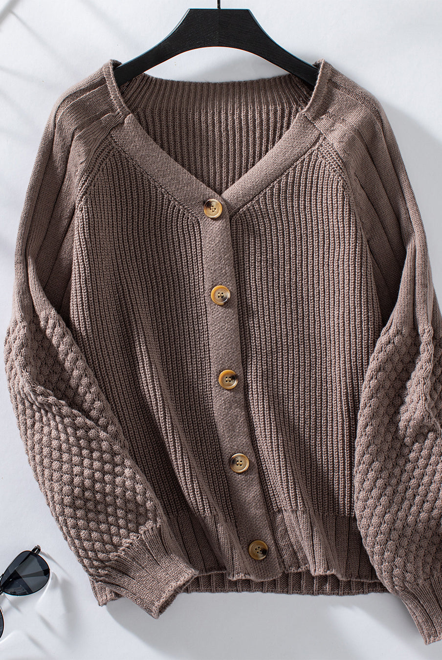 Brown knitted cardigan casual loose lantern sleeve sweater with buttons