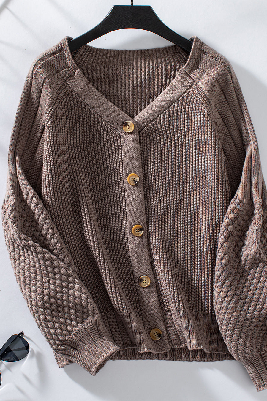 Brown knitted cardigan casual loose lantern sleeve sweater with buttons