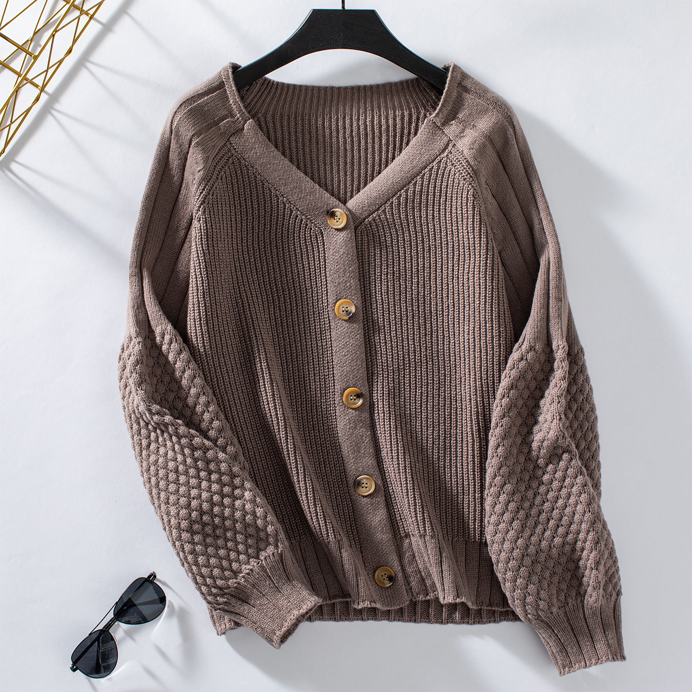 Brown knitted cardigan casual loose lantern sleeve sweater with buttons