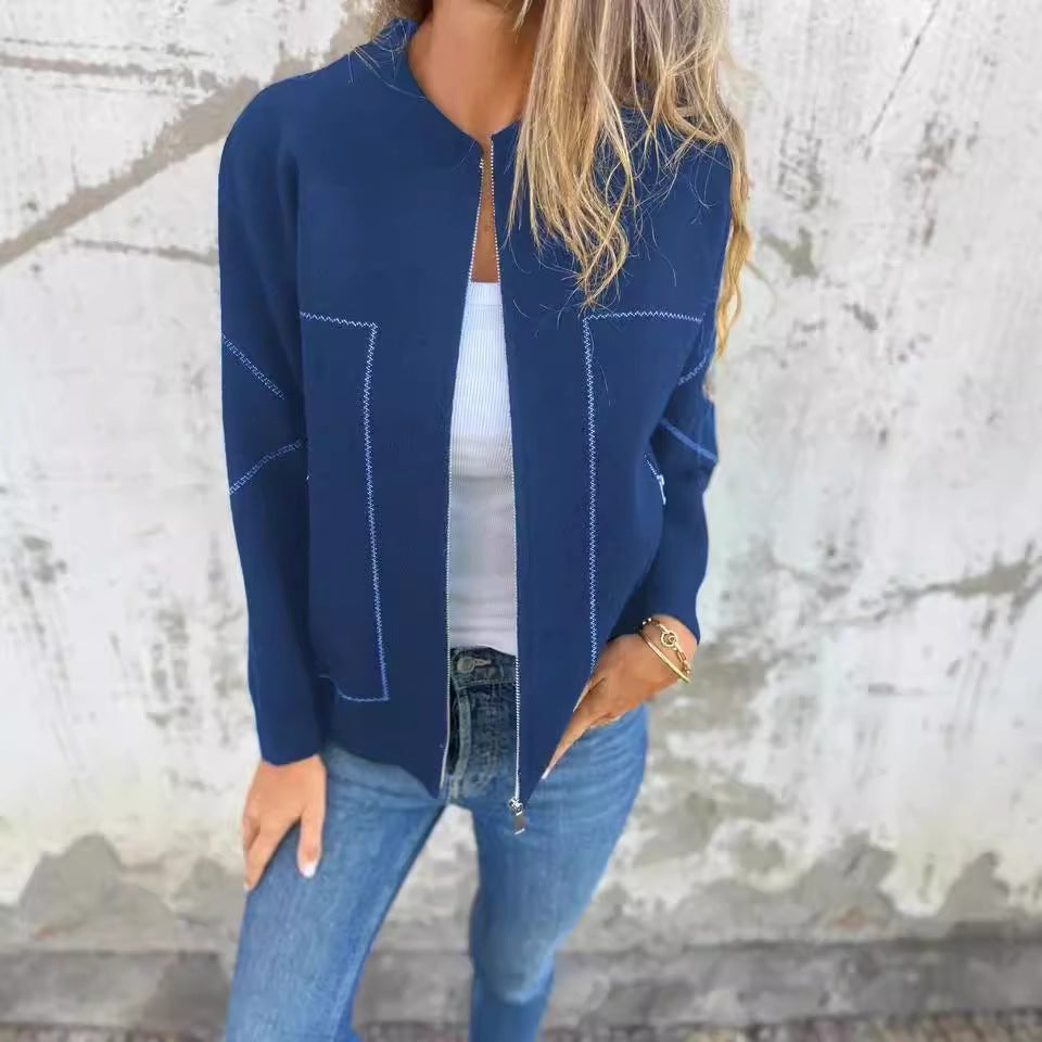 Blue knit jacket with white stitching from Casual Zipper Solid Color Jacket collection, stylish fashion ملابس