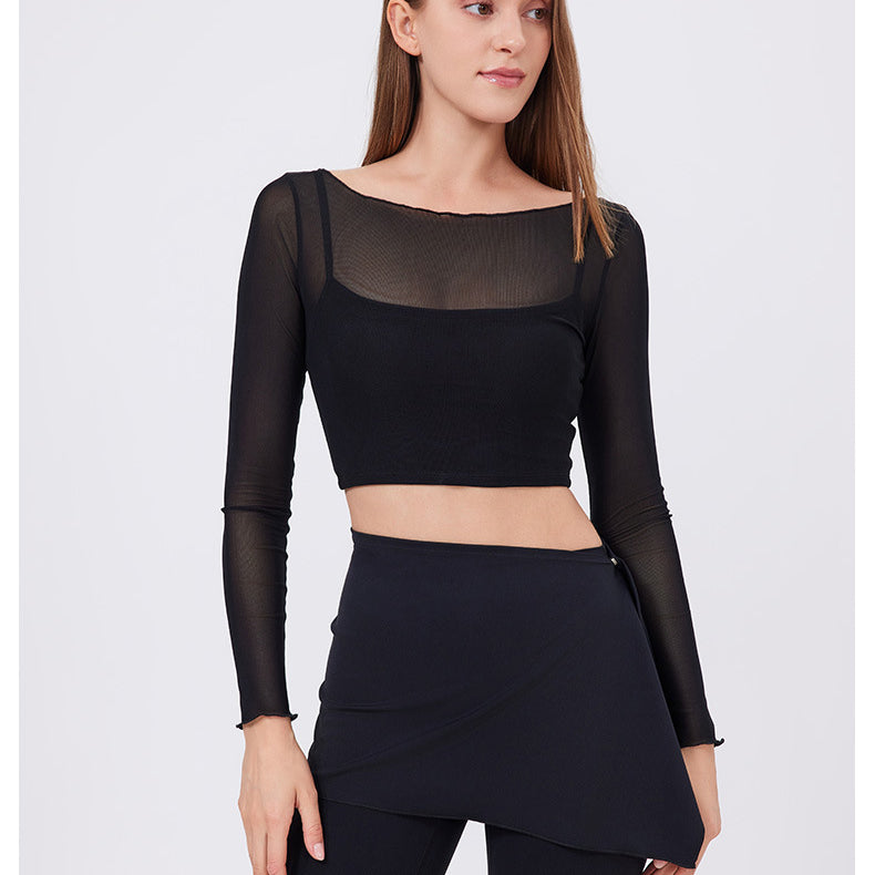 Faux Two Piece Mesh Sports t Shirt Women Long Sleeve with Chest Pad Yoga Clothes Cropped Top Quick Drying Slimming