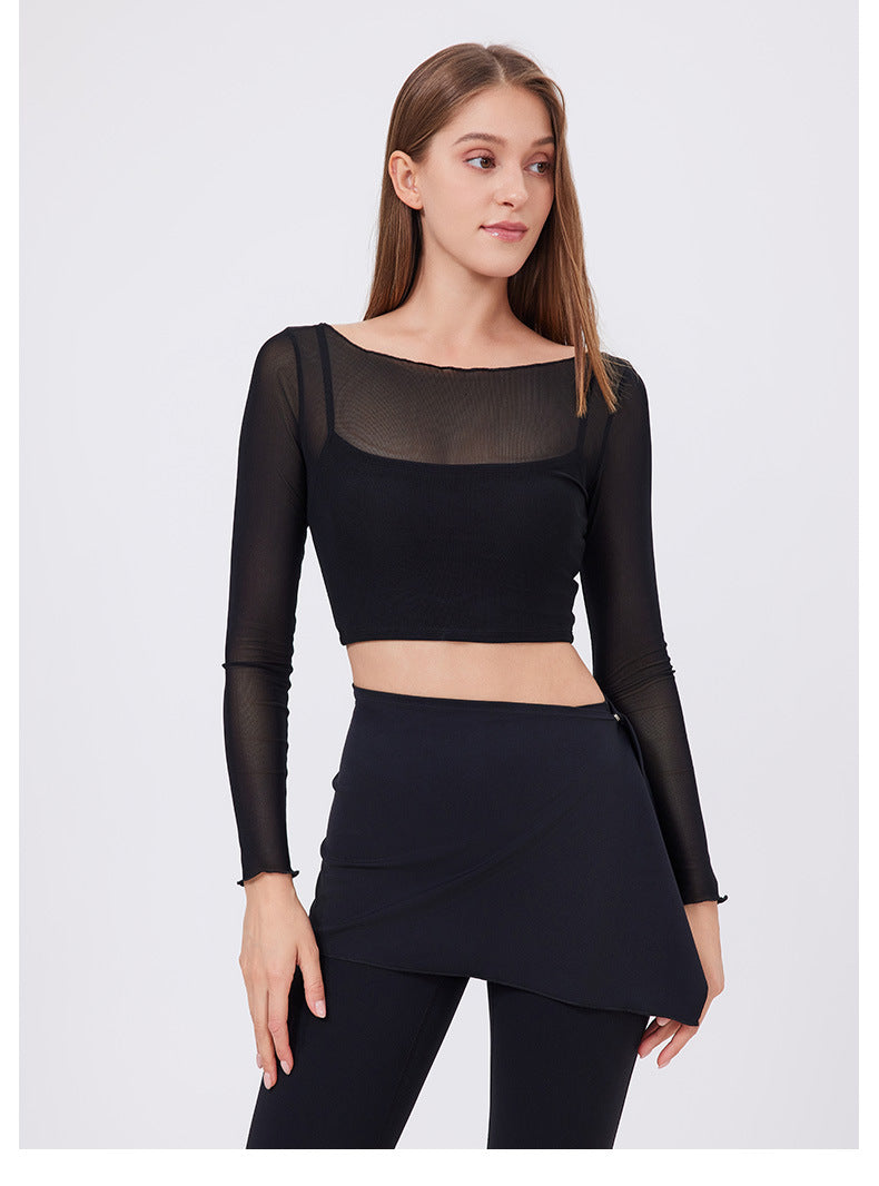 Faux Two Piece Mesh Sports t Shirt Women Long Sleeve with Chest Pad Yoga Clothes Cropped Top Quick Drying Slimming