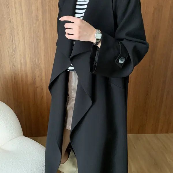 Black open-front trench coat from cozy long high-end langry fashion ملابس